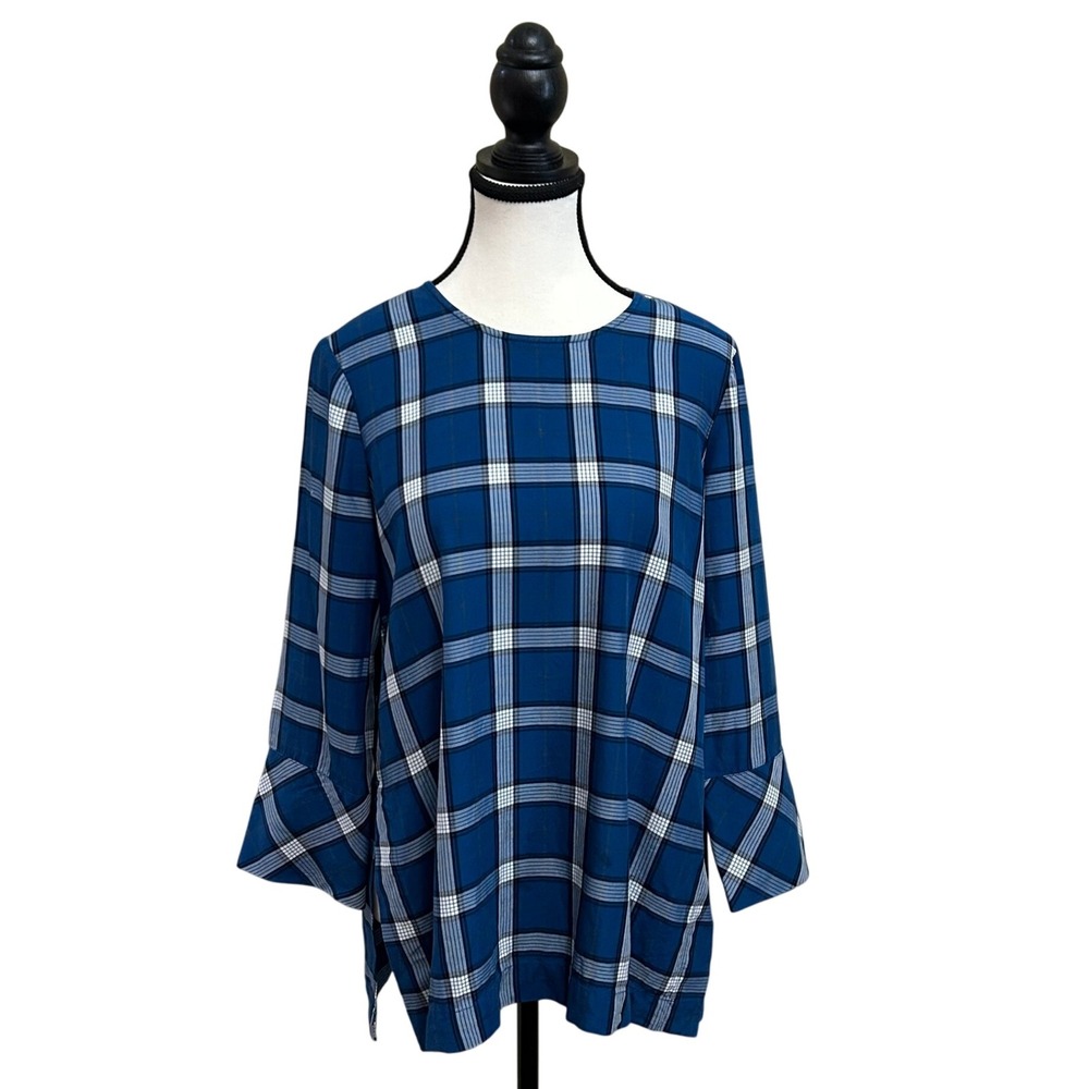 J. Jill XS Petite Blue Plaid Button Back 3/4 Sleeve Blouse Top
